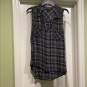 Rock & Republic Blue and Brown Plaid Sleeveless Shirt